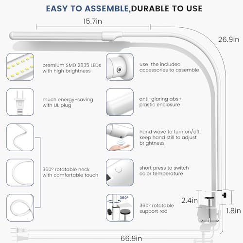 MY BEAUTY LIGHT Smart LED Desk Lamp with Clamp, Handwave Sensor Desk Light, 2700-6500K 5 Color Temperature Bright Dimmable Eye-Caring Clip on Light, Gooseneck 360° Rotatable Desk Lamps for Home Office