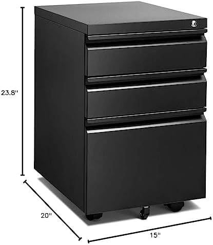 INTERGREAT 3 Drawer File Cabinet, Metal Filling Cabinets with Lock, Locking Office Mobile Cabinet with Wheels for Legal/Letter Size, Under Desk, Assembled, Black