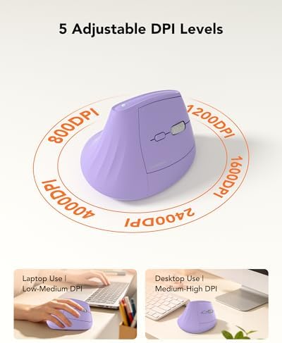 KYSONA Ergonomic Mouse Wireless, Bluetooth Vertical Mouse, 5-Level Adjustable DPI, 2.4G Silent Switch Mice for Windows, MacOS, IPadOS, Laptop, PC, Purple