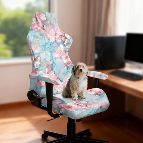 Cherry Blossom Marble Print Gaming Chair Cover for Cats Washable Non Slip Furniture Protector Stretch Gamer Chair Slipcover with Armrest Covers