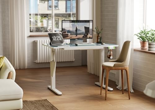 INNOVAR Glass Standing Desk with Drawers 40×24 Inch Morandi Blue