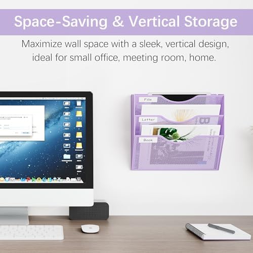 EasyPAG 3 Pocket Mesh Wall File Organizer, Hanging Paper Folder Holder with Classify Label, Vertical Wall Mount Mail Organizer for Office Home Classroom, Purple