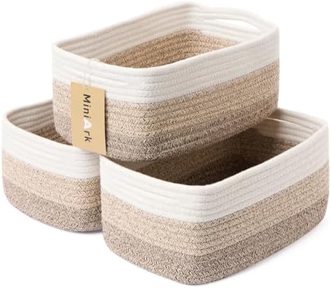MiniArk Small Storage Baskets for Organizing | Closet Organizer Bins | Shelf Toy Basket | Woven Rope Baskets | Cube Decorative Box | Shallow Basket | 13x8.5x5.1” | 3 Packs Gradient Brown