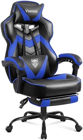 Vonesse Gaming Chair, High Back Gaming Chair with Footrest and Massage, Gaming Chairs for Adults with Pocket Spring Cushion, Big and Tall Reclining Computer Chair with Lumbar Support (Blue/Black)
