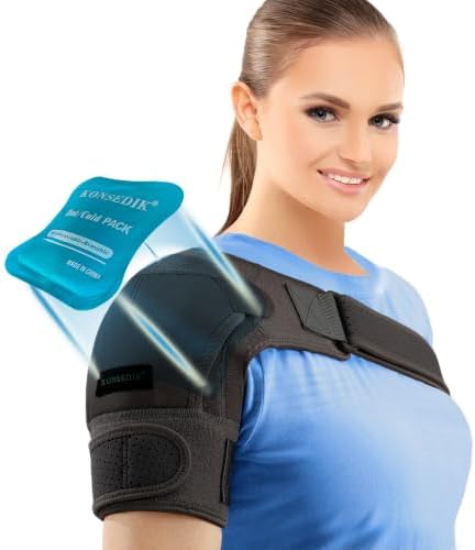 KONSEDIK Shoulder Brace Immobilizer with Ice Pack,Compression Rotator Cuff Support for AC Joint Pain Relief,Frozen Shoulder,Dislocation,Labrum Tear,Adjustable Wrap for Men&Women Left/Right(Black, Medium)