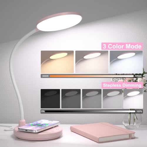 Pink Desk Lamp, Cute Desk Lamp for Girls, Wireless Charger, Dorm