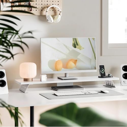 Fenge Monitor Stand Riser, Wooden & Metal Desk Shelf Organizer, White
