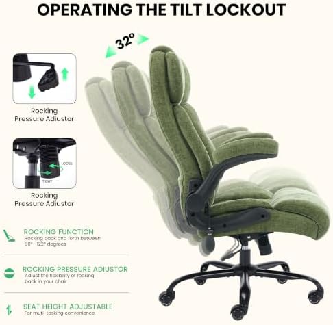500lbs Big and Tall Office Chair Adjustable Lumbar Support for Back Pain, Extra Wide Seat Executive Office Chair Thick Armrest Pad, Heavy Duty Base&Upgraded Wheels, Ergonomic Desk Chair (Dark Green)
