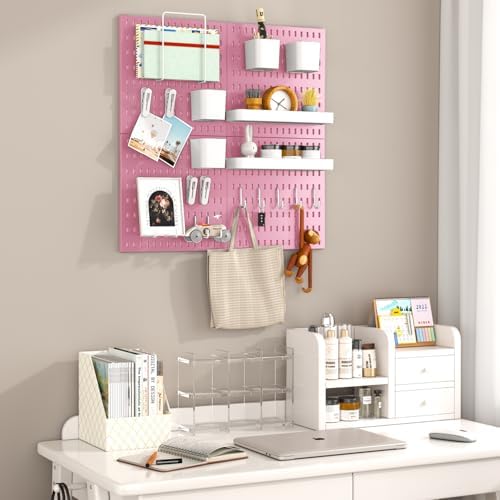 Peg Board Combination Kit, 4 Pegboards with 20 Accessories, Pegboard Wall Organizer for Office, Nursery & Home Storage, Key Holder, 25.6"x25.6" – Nail-Free Installation（Pink）