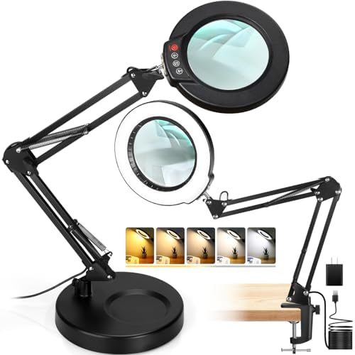 12X Magnifying Glass with Light and Stand, 2-in-1 Desk Lamp & Clamp Light, Seylae 5 Color Modes, Brightness Stepless Dimmable LED Lighted Magnifier Hands Free, Magnifier Lamp for Close Work, Reading