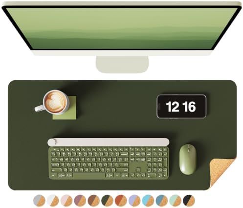YSAGi Double-Sided Desk Pad, 23.6"x13.7" Leather Desk Mat, Eco Cork Desk Pad Protector, Large Mouse Pad for Desk, Waterproof Desk Blotter Pad, Desk Writing Pad for Office Work/Home(Dark Green/Cork)