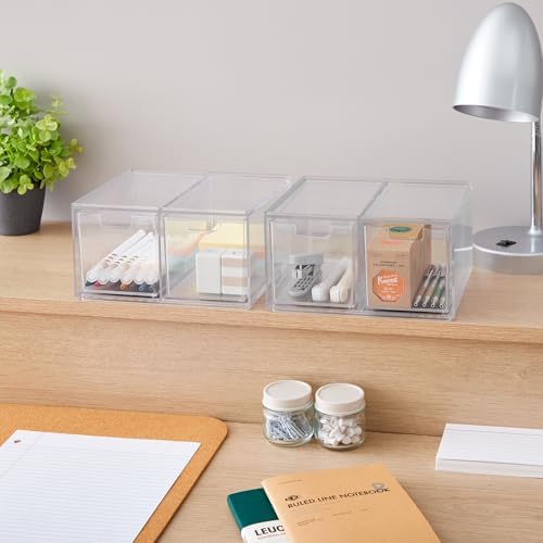STORi Stackable Desk Organizer drawers, Clear Pen Pencil Makeup Brush drawers for Desktops and Vanities, 4 Tall Drawers (Made in USA)