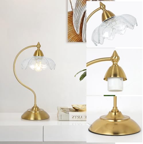 Glass Desk Lamp, Gold Table Lamps for Living Room, Brass Side Table Lamp with Clear Flower Shade, Desk Lamps for Home Office, Mid Century Modern Nightstand Lamp, Vintage Beside Lamp for Bedroom Decor