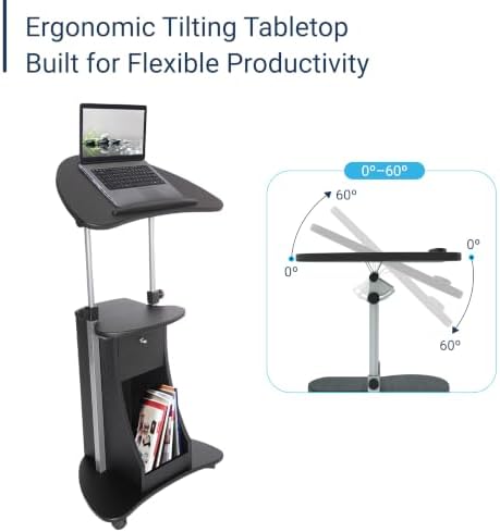 Techni Mobili Adjustable Height Rolling Laptop Cart with Storage, Black
