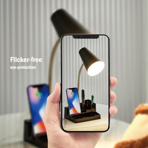 HonoDing E26 Desk Lamp with 1 USB Charging Port and 1 AC Outlet, Organizer Base, Adjustable Neck, On/Off Switch, Modern Table Lamp for Reading, Working, Studying(Black)