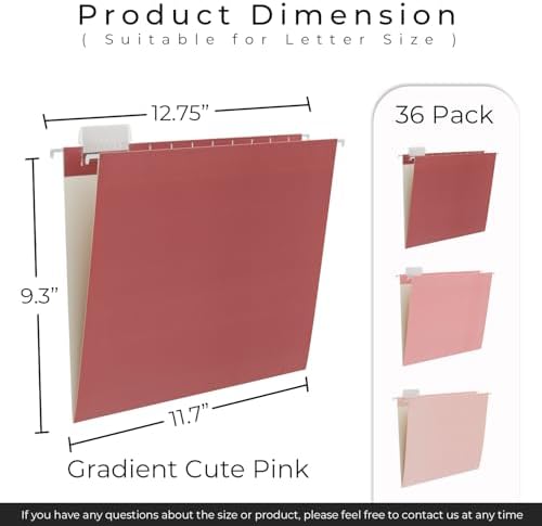 Y YOMA 36 Pack Gradient Hanging File Folders Letter Size Decorative Hanging Folder Pretty File Folder Organizer for Filing Cabinet Office Home with 1/5-Cut Adjustable Tabs, Cute Pink