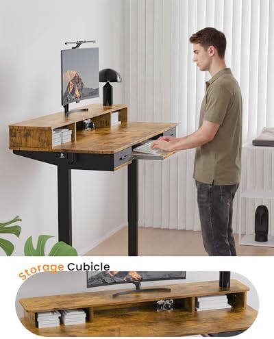 Electric Standing Desk with Keyboard Tray, 55x24 Inches Height Adjustable Stand up Desk with 2 Drawers, Ergonomic Sit to Stand Table with Storage Monitor Stand, Rustic Brown