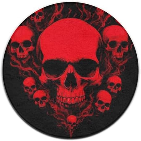 Men's Large Home Decor Mat, Soft Round Yoga Carpet, Non Slip Machine Washable Home Office Circle Rug Cool Red Skulls