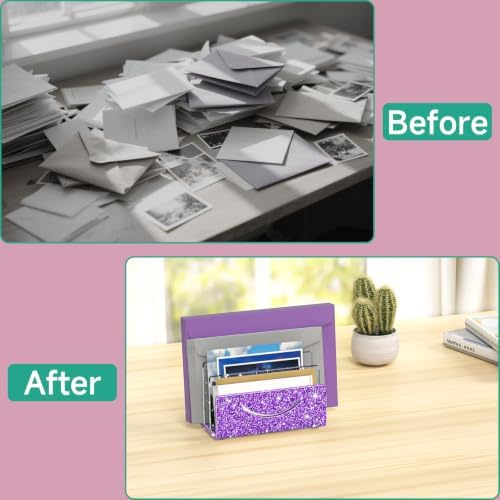 Mail Organizer Envelope Holder - 3 Compartments Glitter Purple Acrylic Mail Holder Countertop Home Office Desk Organizer Small File Sorter Vertical Bill Letter Paper Document Storage Rack