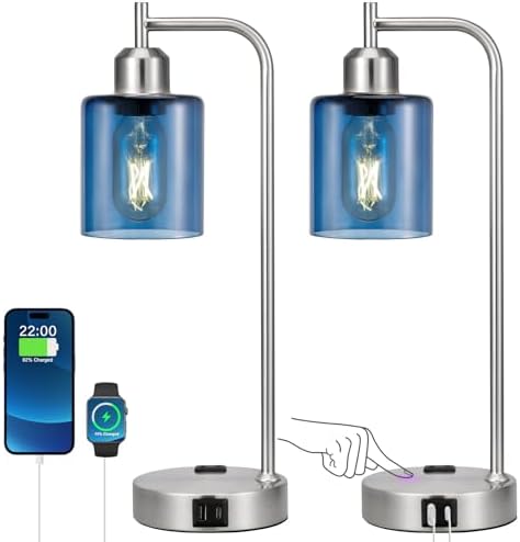 Innqoo Industrial Blue Table Lamps for Bedrooms Set of 2-3-Way Dimmable Desk Lamp with USB C+A Ports and Outlet, Nickel Lamps with Green Glass Shade for Living Room