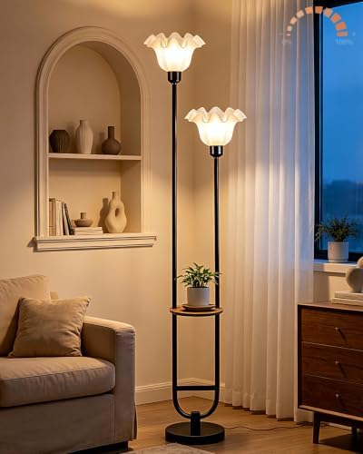 2-Light Flower Floor Lamp with Side Table, Dimmable Floor Lamp with 3000K Warm White Bulbs, Modern Black Metal Tall Standing Lamp for Living Room Bedroom Sofa Corner Home Decor