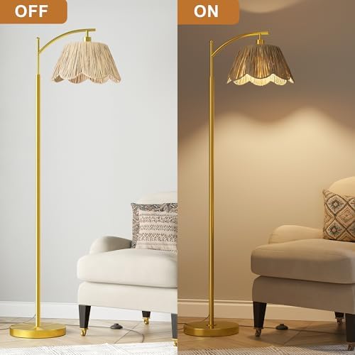 Oneach Arc Floor Lamp for Living Room,Rattan Boho Floor Lamp Decor with Hand-Woven Shade, Foot Switch,Gold Metal Base & Pole,Farmhouse Standing Lamp for Bedroom Corner,Reading