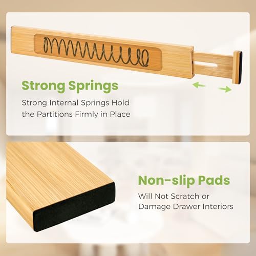 Fyvva Drawer Organizer, Spring-Loaded Expandable Bamboo Dividers 8-Pack