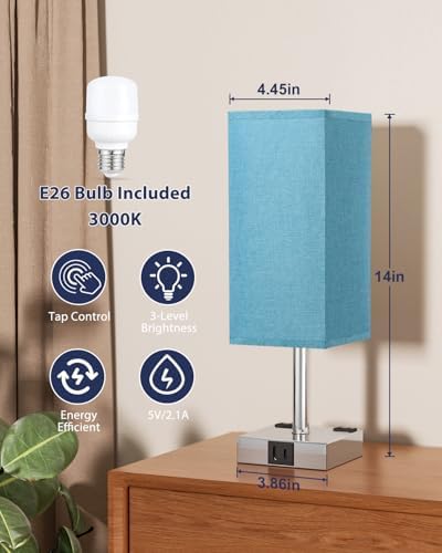 Turquoise Touch Table Lamp for Bedroom - Dimmable, USB C+A, 2 AC Outlets