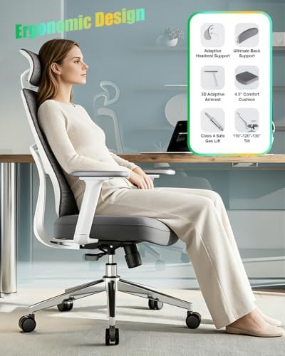 Ergonomic Office Chair, Quelsoft Home Office Desk Chairs, Adjustable Lumbar Support, Ultimate Back Support Desk Chair, Comfortable Computer Chair & Gaming Chair for Office & Home, White