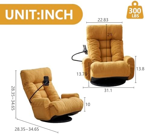 360° Swivel Gaming Floor Chair, 5 Position Adjustable Folding Sofa Chair with Armrests & Phone Holder, Cushion Padded Indoor Chaise Lounge for Adults, Home Office Floor Leisure Chairs, Yellow