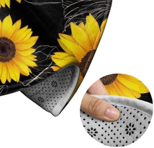 Soft Round Yoga Carpet, Large Home Decor Mat, Non Slip Machine Washable Kitchen Office Circle Rug Floral Sunflower Black