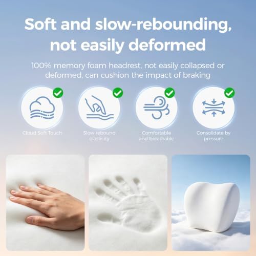 BABUR Car Neck Pillow Ergonomic 100% Memory Foam Headrest for Driving Seat