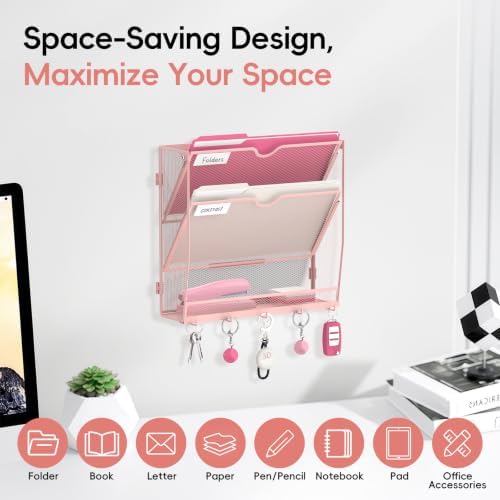 Wall File Holder Hanging Wall File Organizer, Wall Mount Mail Holder and Paper Organizer with Bottom Shelf & 5 Hooks for Office Home School (3-Tier Pink)
