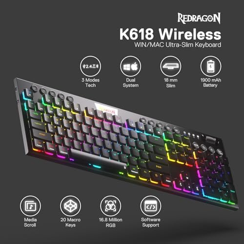 Redragon K618 PRO Wireless Ultra-Thin Gaming Keyboard, Macro & Media Scroll