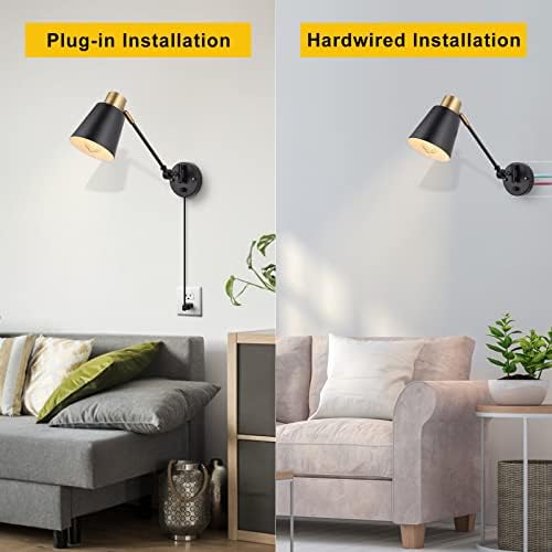 GOODATE Dimmable Wall Lamp with Plug in Cord, Plug in Wall Sconces, Swing Arm Wall Light with On Off Switch, Metal Black Brass Industrial Wall Lamp for Bedroom, Living Room, E26 Base