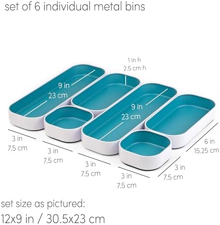 Three by Three Seattle Metal Stacking Bins Drawer Organizer, 6-Pc (Sky)
