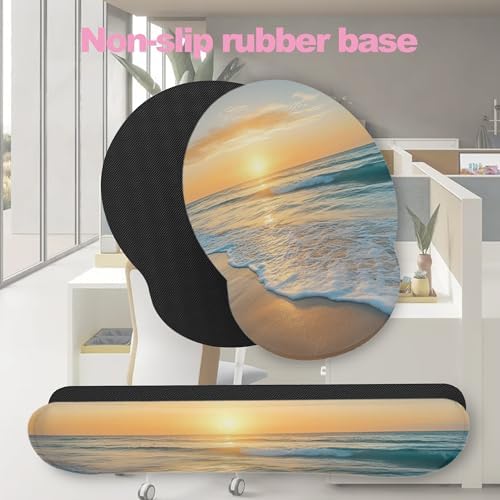 Beach Sunset Keyboard Wrist Rest Pad and Mouse Pad Wrist Support Set,3-in-1 Ergonomic Mouse Pad with Non-Slip Rubber Base for Home Office Game Computers Desk,