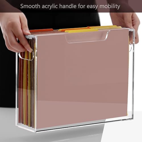 DINGHUO Acrylic File Organizer Box Letter Size Hanging File Organizer, Clear Portable File Folder Box with Handle, Filing Crate Bin Holder for Desk, Office, Home, School - 2 Pack