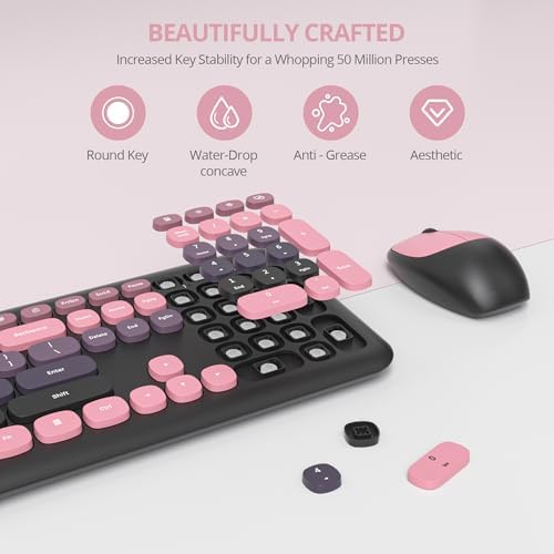 Surmen Black Pink Keyboard and Mouse Wireless Quiet, Full-Size Girly Slient Keyboard Retro Typewriter Low-Noise 2.4GHz for Computer, Desktop, Laptop (110-Heimei Pink)