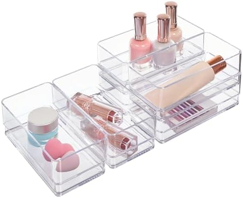 STORi SimpleSort 6-Piece Stackable Clear Drawer Organizer Set | 6" x 3" x 2" Rectangle Trays | Small Makeup Vanity Storage Bins and Office Desk Drawer Dividers | Made in USA