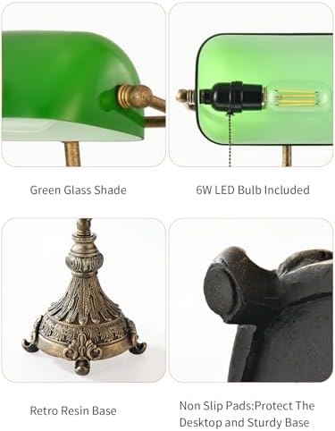 Vintage Green Glass Bankers Desk Lamp, LED Bulb Included