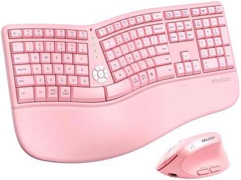 MEETION Ergonomic Keyboard and Mouse Combo, Split Wireless Design, Pink