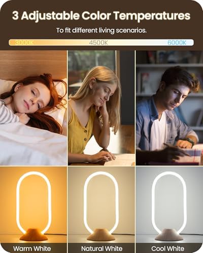 Modern LED Table Lamp, Bedside Lamp with Oval Design, 3 Color Temperatures, Adjustable Brightness, 360° Lighting, Unique Desk Lamp for Bedroom, Living Room, Study, Office, Natural M64TL05