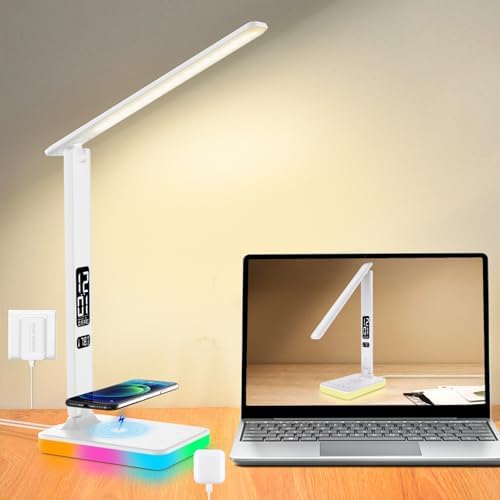 LED Desk Lamp for Home Office, USB Charging Port, Reading Lamp Desk Light with 5 Brightness, 3 Colors, Table Lamp with Clock, Alarm, Date, Temperature, Desk Lamp for College Dorm Room (White)