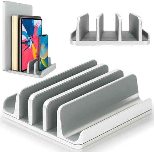 Elestoria 5- Slot Vertical Laptop Stand - Aluminum Laptop Stand Vertical for Desk - Fits MacBook Pro/Air, Surface, Mobiles & Gaming Laptops up to 17.3" - Heavy Duty Laptop Holder for Desk - (Silver)
