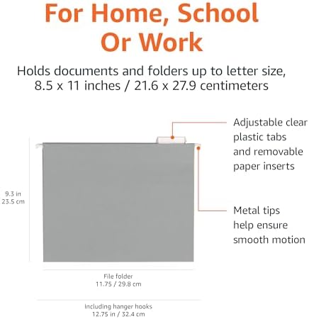 Amazon Basics Hanging File Folders with Adjustable Tabs for Document Organization, Letter Size, Gray, 25-Pack