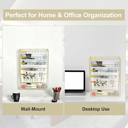 TQVAI Wall File Organizer, 5 Tier Hanging File Organizer with Bottom Tray, No Assembly Required Metal Wall Mount File Holder for Office Home Classroom, Gold