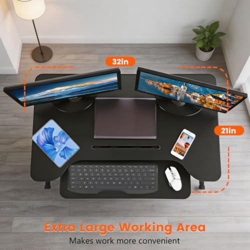 PayLessHere Standing Desk Converter,32” Adjustable Standing Desktop, Dual Monitor Desktop with Pneumatic Lift and Keyboard Tray, Built-in Stand,Suitable for Home Office Laptops, Black