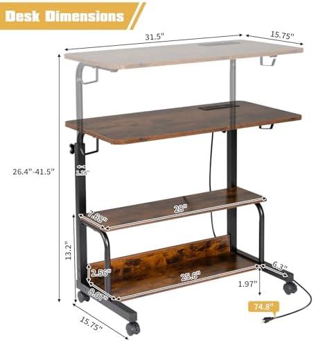 Karl home 31.5" Portable Rolling Computer Desk on Wheels, Rustic Brown