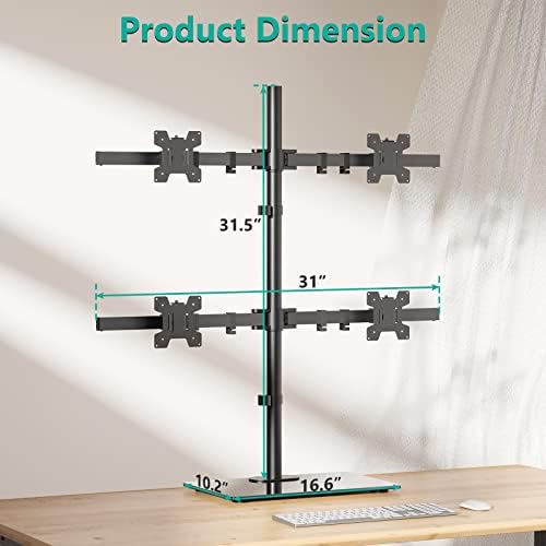 WALI Freestanding Quad Monitor Mount for 17-27 Inch Screens, Fully Adjustable 4 Monitor Stand with Swivel, Tilt, Rotation, Glass Base, Max Load 22 lbs per Arm (GMF004), Black